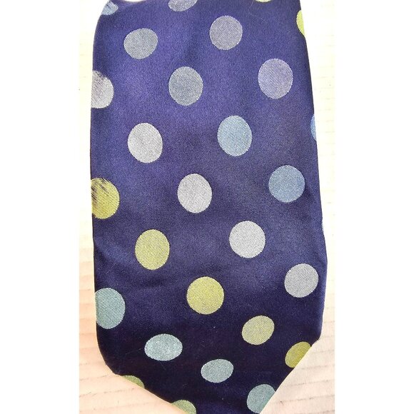 Ted Baker Mens Polka Dot Silk Tie Navy Blue Green & Yellow Hand-Tailored - Picture 6 of 7